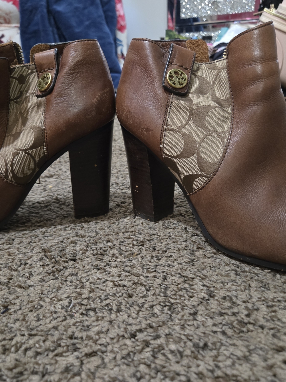 Coach Brown Leather & Signature Canvas Ankle Booties